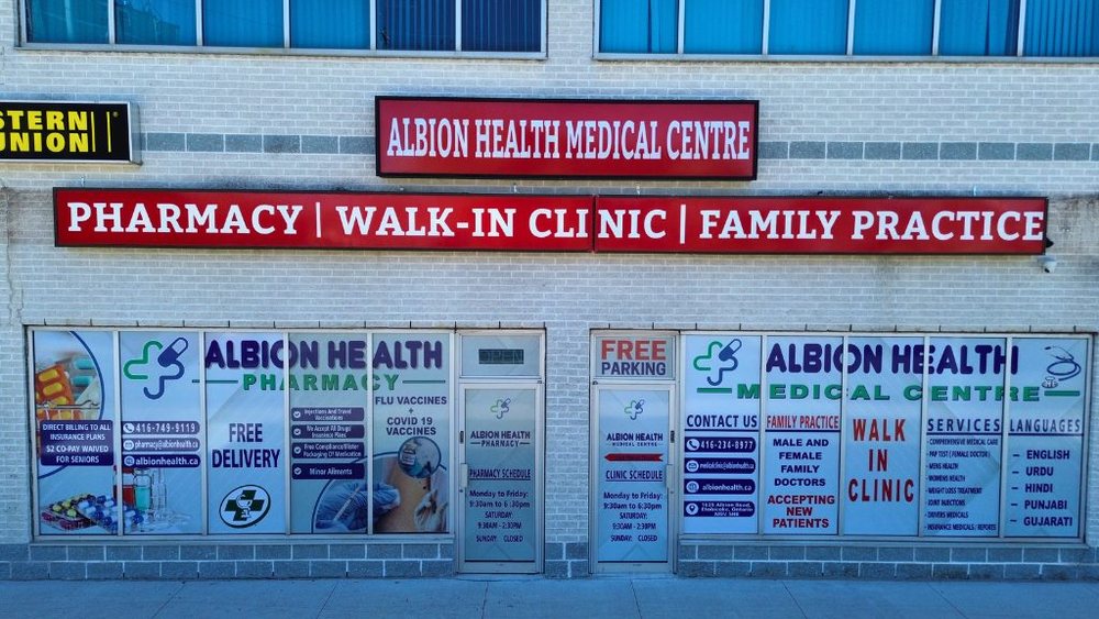 The Albion Health Medical Centre storefront on Albion Road in Etobicoke